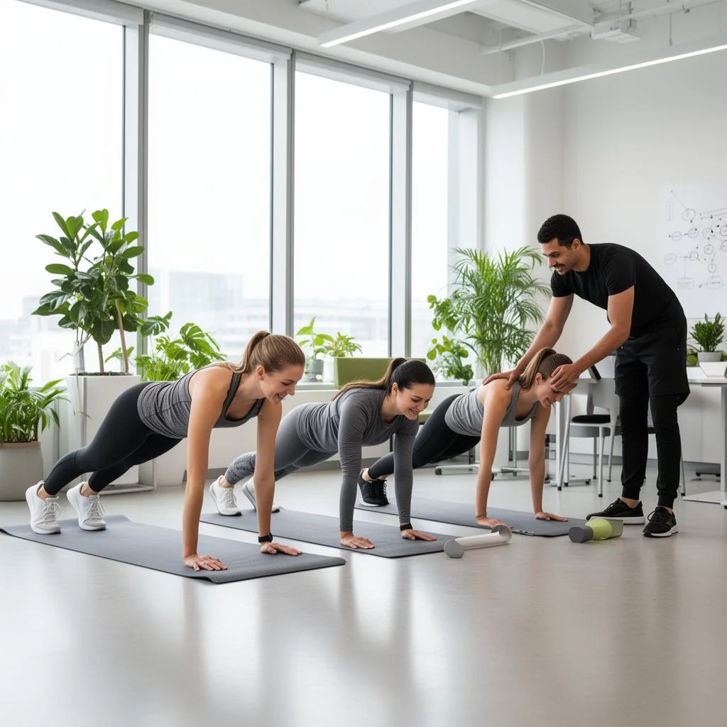 Groupe d'employés en planche supervisés par un entraîneur dans une salle de mieux-être au bureau