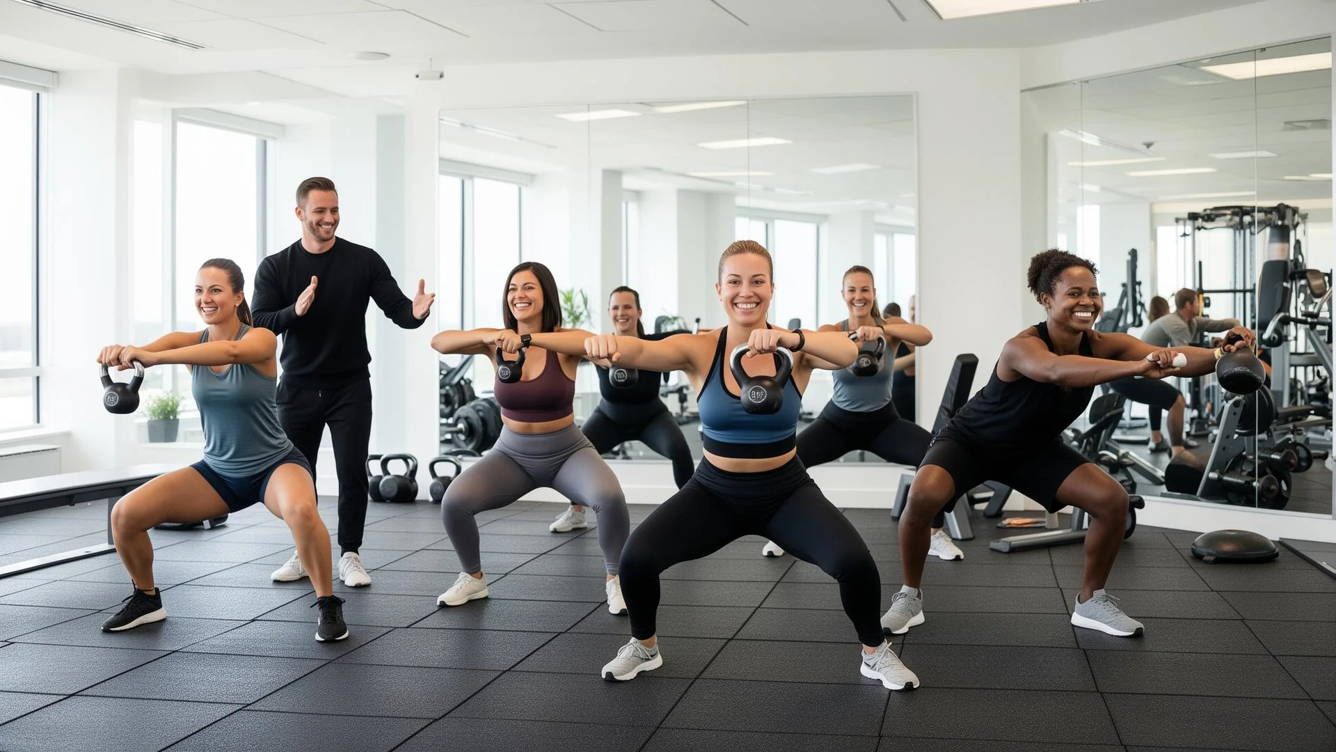 Séance d'entraînement de groupe en entreprise animée par un kinésiologue dans un gym corporatif lumineux