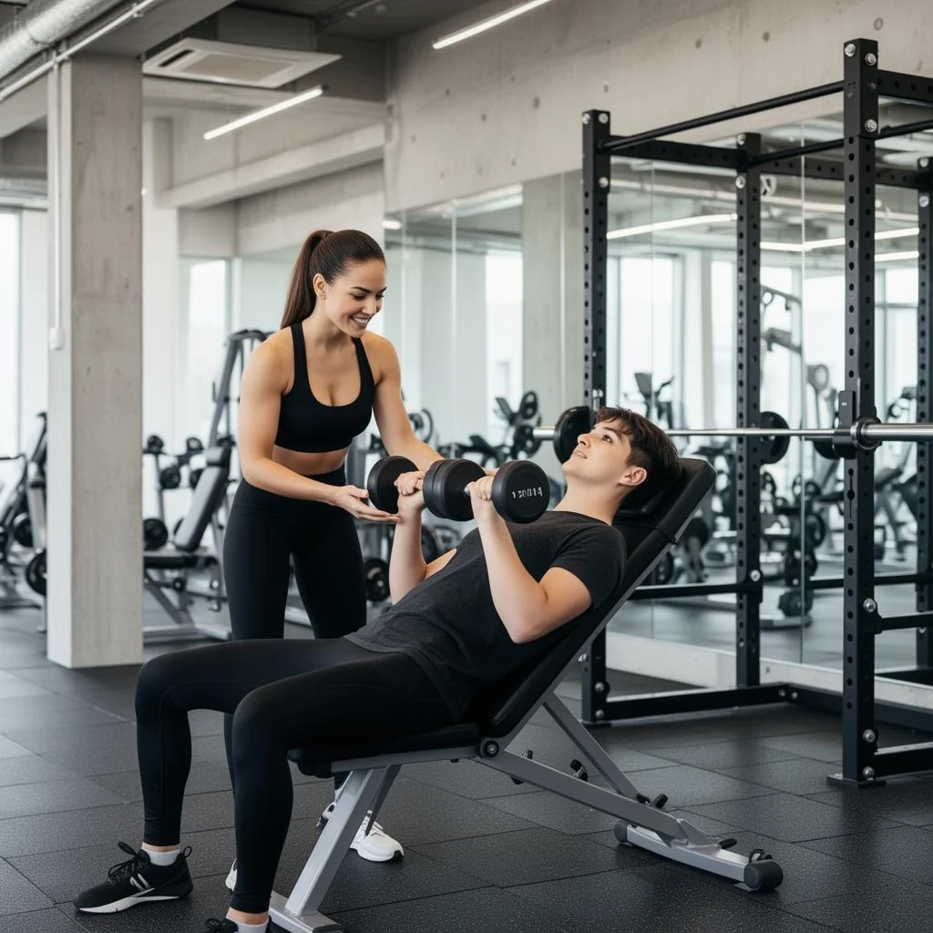 Entraîneur privé qui supervise un employé pendant un développé couché dans un gym d'entreprise